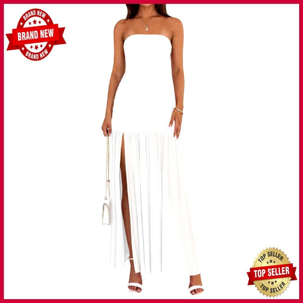Strapless Mesh Maxi Dress Ruched Patchwork High Slit Cocktail Party